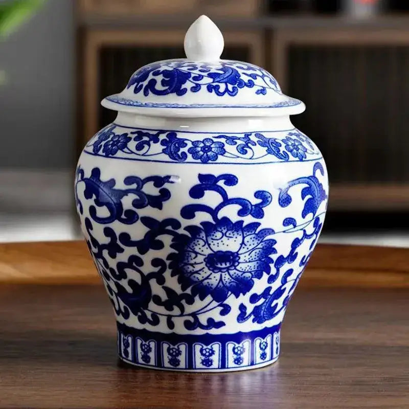 Floral blue and white porcelain tea canister with intricate floral patterns and matching lid for kitchen storage decorbites blue white