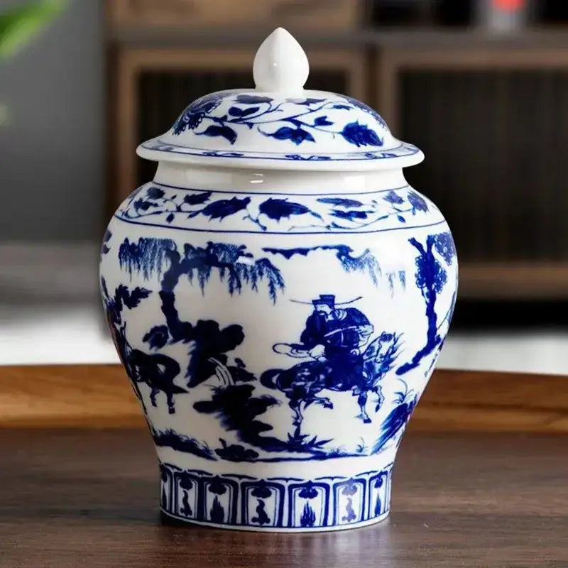 Floral blue and white porcelain tea canister featuring intricate hand-painted figures on horseback decorbites blue white jar