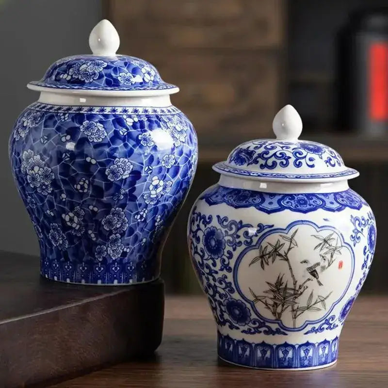 Blue and white porcelain floral ginger jars with matching lids and finials for tea storage decorbites blue white