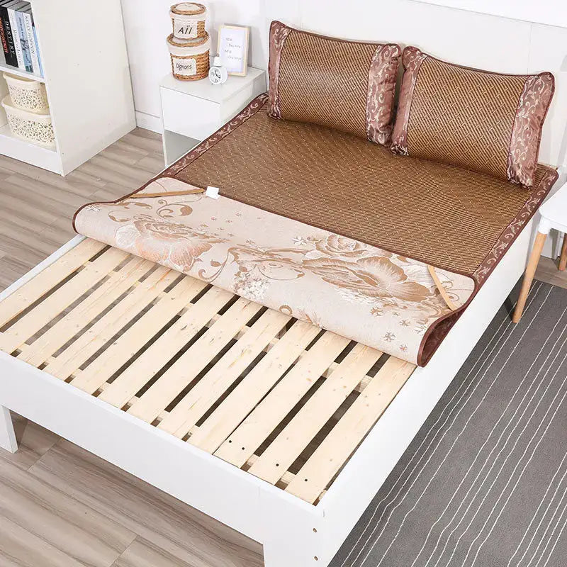 Brown woven cooling rattan mat with floral fabric border for bedroom bed pad and pillowcase set