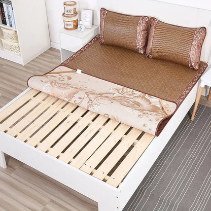 Brown woven cooling rattan mat with floral fabric border for bedroom bed pad and pillowcase set