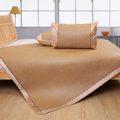 Beige woven bamboo cooling rattan mat with satin trim floral brown cooling rattan bedroom bed pad and pillowcase set