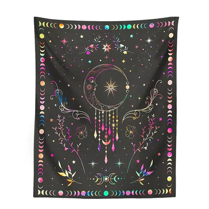 A black floral celestial moon phase tapestry with a crescent moon face and colorful celestial motifs for bedroom decor