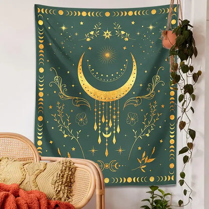 Floral celestial moon phase tapestry in dark green with gold celestial moon designs for decorbites celestial moon decor