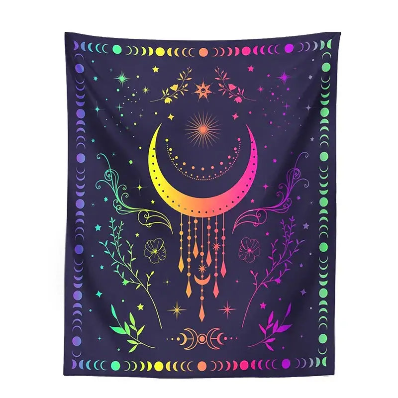 Vibrant rainbow-gradient floral celestial moon phase tapestry with botanical motifs on deep purple wall decorbites celestial moon