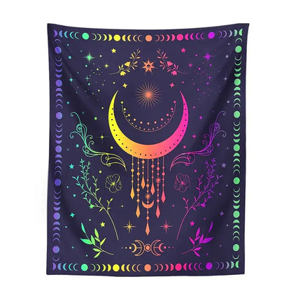 Vibrant rainbow-gradient floral celestial moon phase tapestry with botanical motifs on deep purple wall decorbites celestial moon
