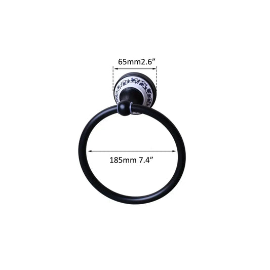 Black matte towel ring with decorative blue floral ceramic backplate decorbites black stainless steel bathroom decor