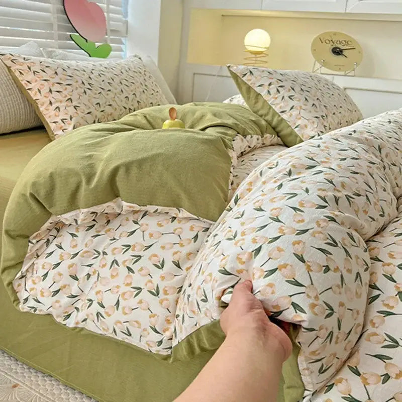 Soft olive green and cream floral-patterned cotton quilt cover set with cozy layered design for bedroom use