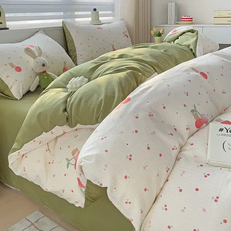 Floral cream and peach double layer cotton quilt cover set with soft green and white cherry-print and plush bunny pillow