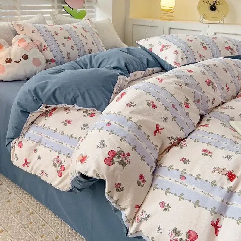 Cream-colored cotton quilt cover set with strawberry floral patterns light blue stripes and bunny motifs for bedroom