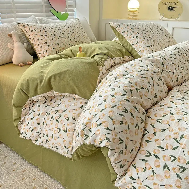 Floral cream and peach double layer cotton quilt cover set with soft olive green and delicate tulip pattern design