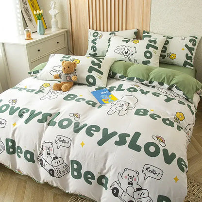 White duvet cover bedding set with green bear text and cat bear print on soft floral cream cotton decorbites material
