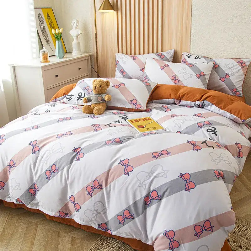 Cotton duvet bedding set with diagonal white blush pink and gray stripes featuring coral and light gray outlined bows decorbites cat bear print