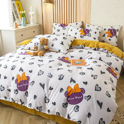 White duvet bedding set with purple orange minnie mouse prints good night text mustard yellow border decorbites cat bear print