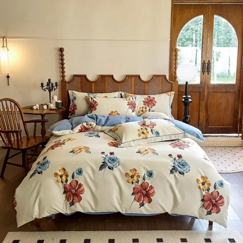 Cream-colored floral egyptian cotton bedding set with vibrant red blue and yellow flowers on soft cotton fabric