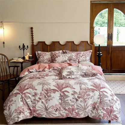Floral cream egyptian cotton bedding set with pink and white vintage botanical print duvet cover in cotton bedding sets