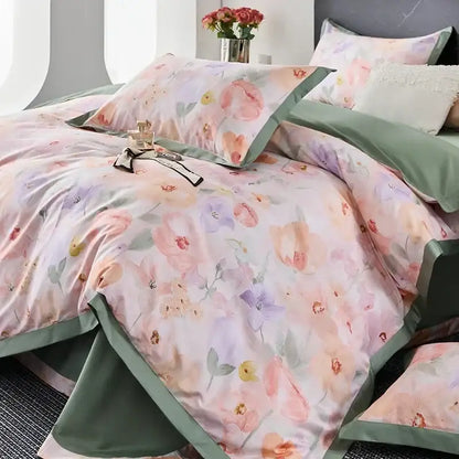 Pastel floral duvet cotton bedding set with soft pink lavender and peach blossoms and sage green satin trim