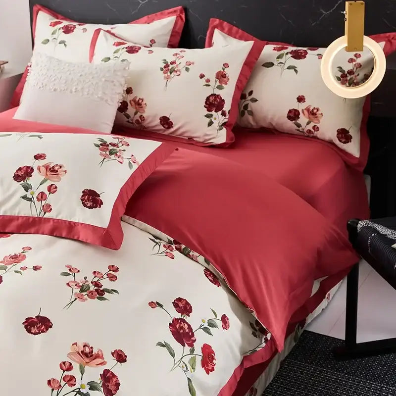 Floral cream and red egyptian cotton bedding set with satin trim featuring red and white floral design on cotton fabric