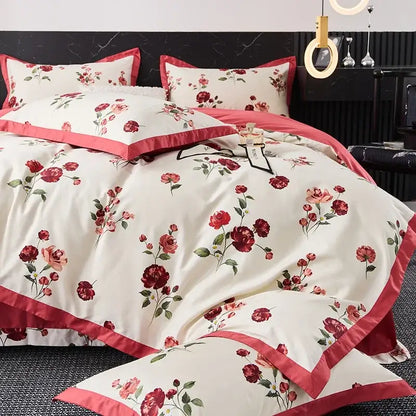 Cream-colored satin bedding set with red rose floral pattern and pink trim made of egyptian cotton for bedroom use