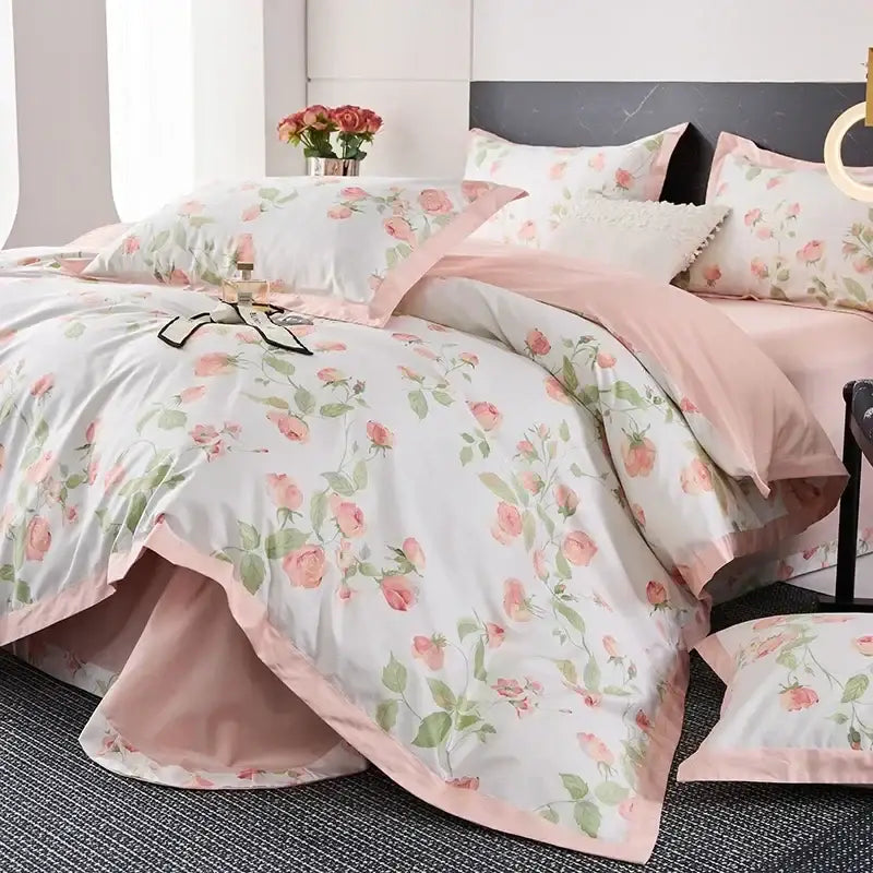 Floral cream and red egyptian cotton bedding set with pink and white floral duvet cover and satin trim