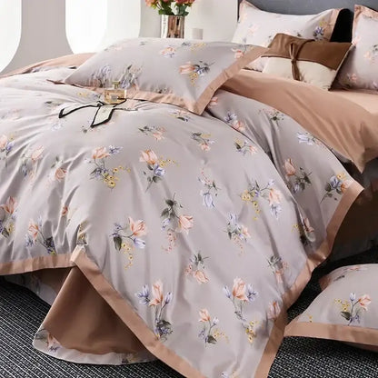Beige floral egyptian cotton bedding set with soft satin trim and delicate pastel blossoms for bedroom use
