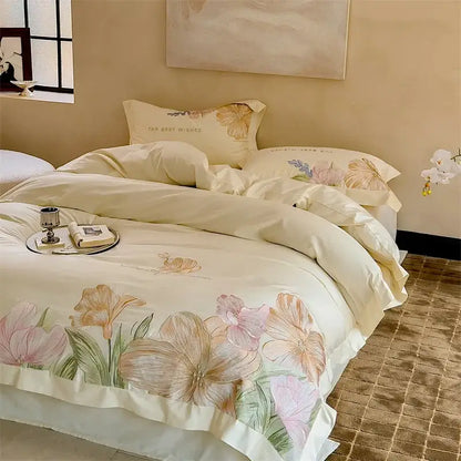 Cream floral cream satin 100s egyptian cotton bed linens with pastel blossoms and green leaves for bedroom decorbites