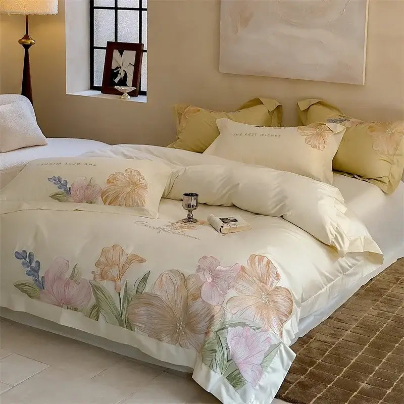Cream-colored satin bed linens with delicate watercolor floral patterns in soft pinks made from decorbites 100s egyptian cotton