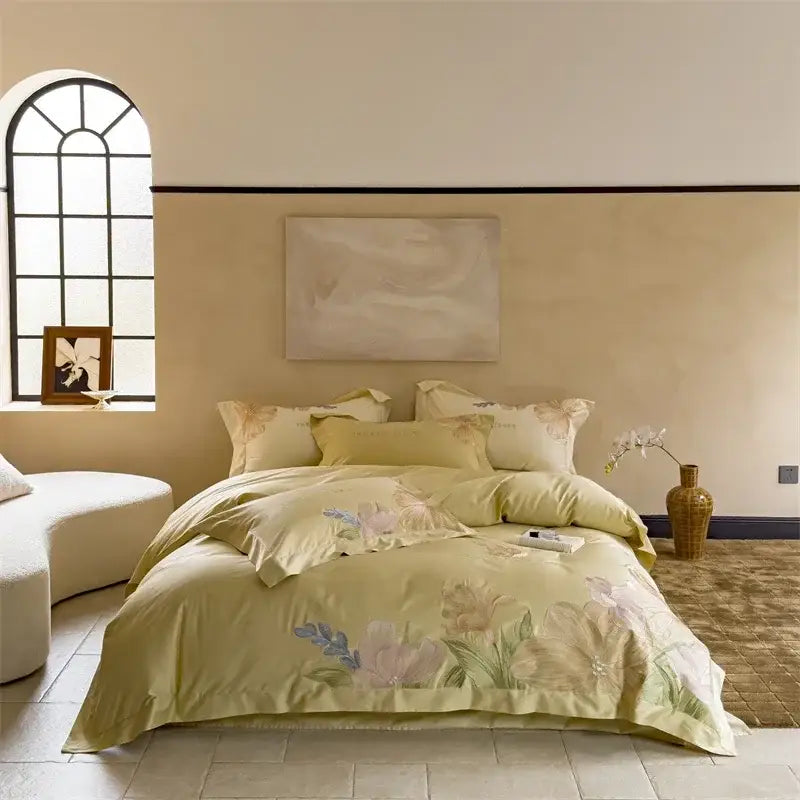 Soft sage green satin duvet set with delicate lavender and cream floral embroidery made from decorbites 100s egyptian cotton bed linens