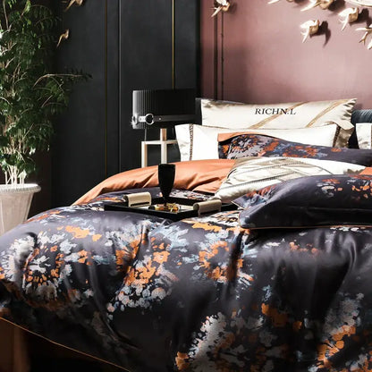 Richn.l dark navy satin duvet bedding set with floral pattern and rust pillows made of 1500tc jacquard egyptian cotton
