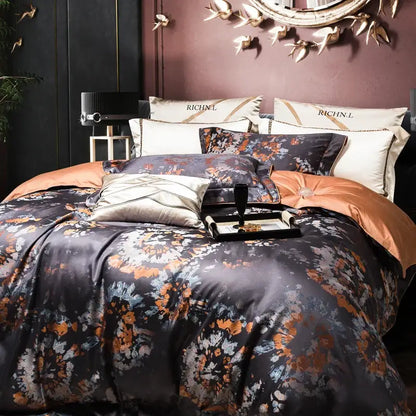 Elegant dark gray satin floral duvet cover and pillows in 1500tc jacquard Egyptian cotton bedding set by richnl