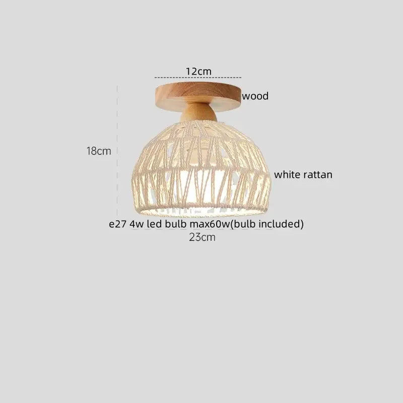 A rustic ceiling lamp with a natural wood base and white rattan shade for living room glass led ceiling lamp use