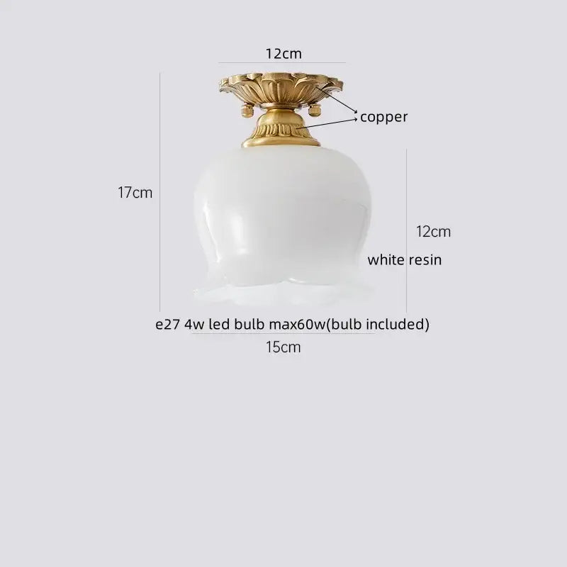 White resin floral etched glass led ceiling lamp with copper finished ornate top for living room lighting