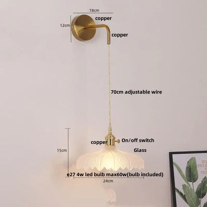 Vintage-style floral glass copper led wall sconce with brass copper finish and adjustable 70cm wire for bathroom lighting