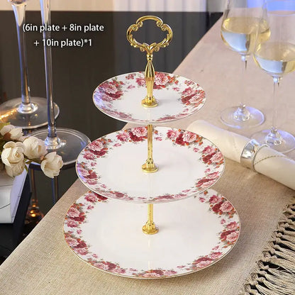 Three-tiered bone china fruit plates set with gold-finished handle and pink rose floral pattern for dining room use