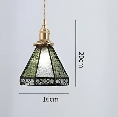 Floral green glass pendant light with brass accents and geometric pattern for living room pendant lights
