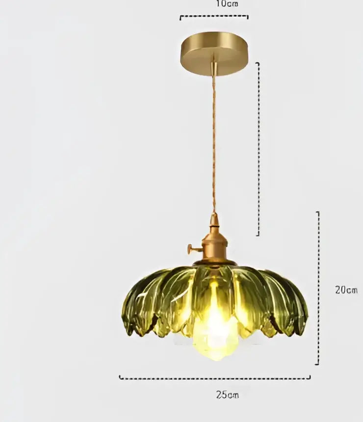Golden brass floral green glass pendant light with translucent open flower shade for living room pendant lights