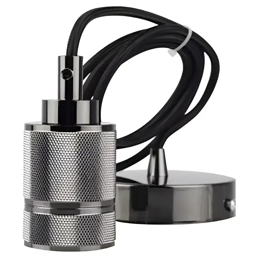 Industrial-style black and silver pendant light with textured metallic body and braided cable for living room lighting