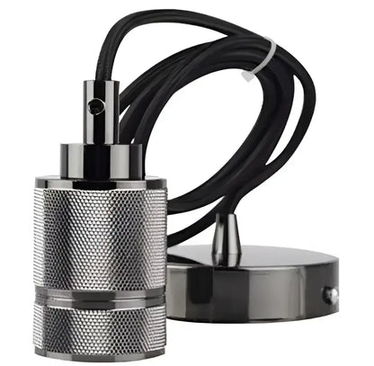 Industrial-style black and silver pendant light with textured metallic body and braided cable for living room lighting