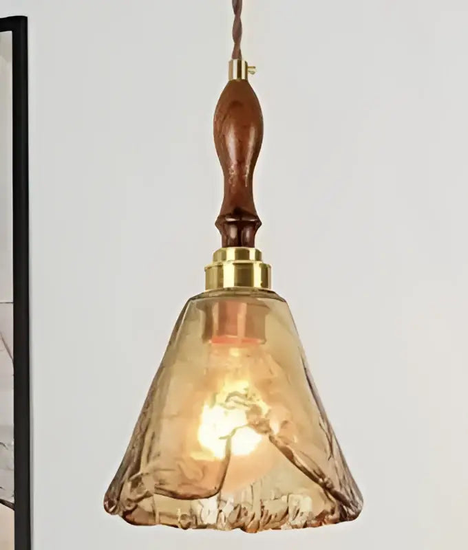 Warm amber glass pendant lights with polished brass fixture and dark wood handle ideal for living room decor