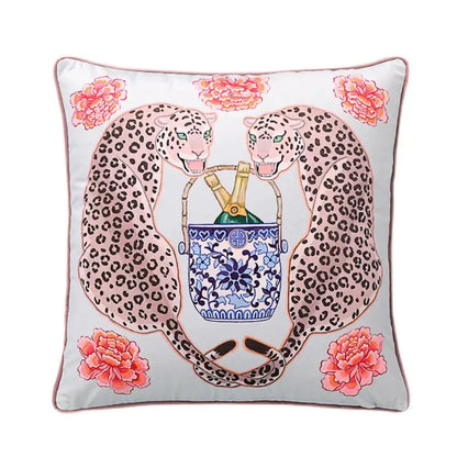 Floral green decorbites handmade lumbar pillow case with light gray fabric and pink leopard embroidery for bedroom decor