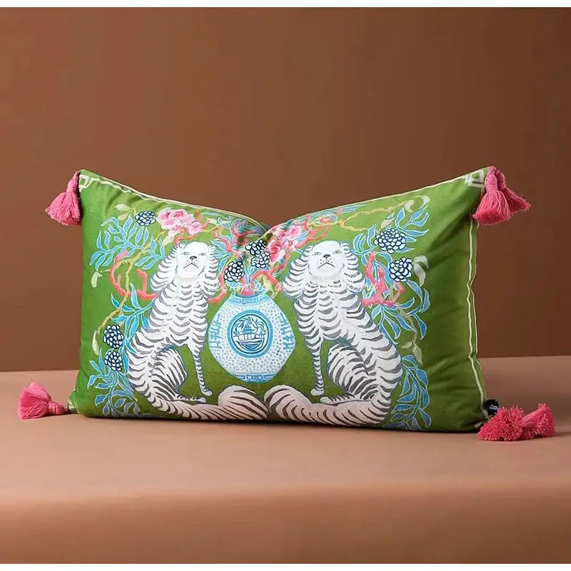 Vibrant green decorbites handmade lumbar pillow case with whimsical white striped dogs and ornate blue vase design with pink tassels