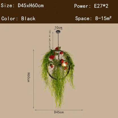 Black hanging pendant plant lighting chandelier with circular frame red artificial roses and green foliage for dining room