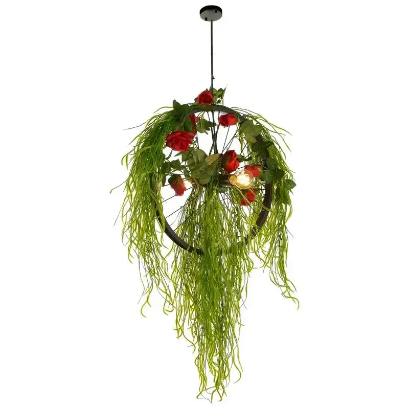 A floral green plant lighting chandelier with a circular frame, red artificial roses, and cascading green foliage for dining room decorbites green plant