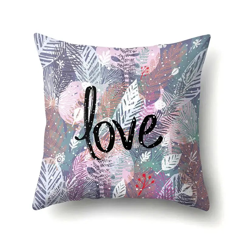 Square pillow cover with vibrant green tropical leaves and love script for decorbites bedroom seasonal decor