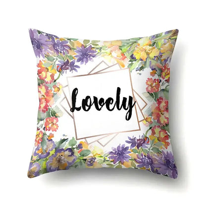 Square pillow cover with vibrant floral design and lovely text in gold frame for decorbites green tropical leaves decor