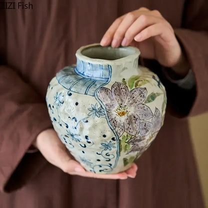 Floral hand painted decorbites ceramic vase with textured off-white glaze and artificial flowers for living room decor