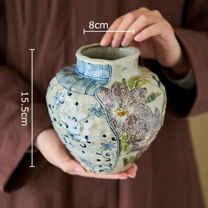 Floral hand-painted decorbites ceramic vase with textured off-white glaze and artificial flowers for living room decor
