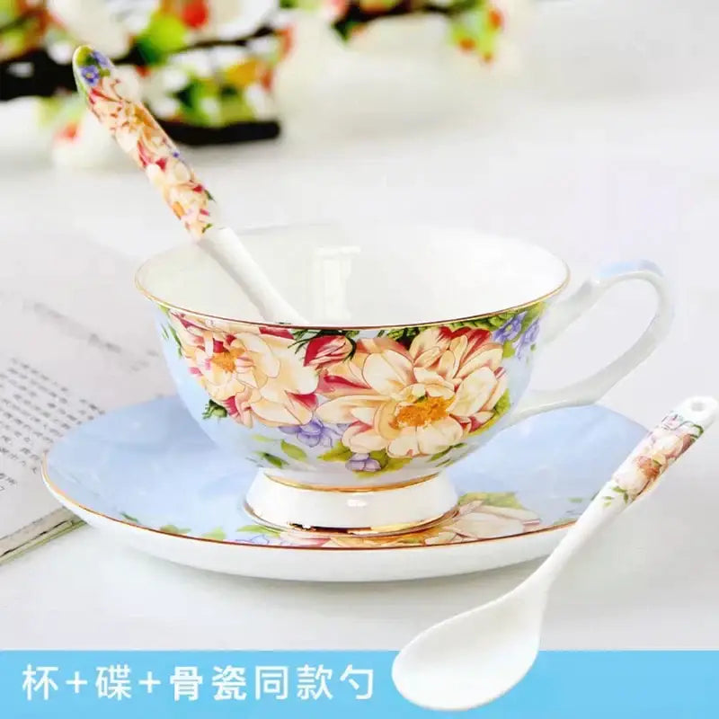 Delicate light blue decorbites bone china tea set teacup with floral pattern and gold trim for elegant dining room decor