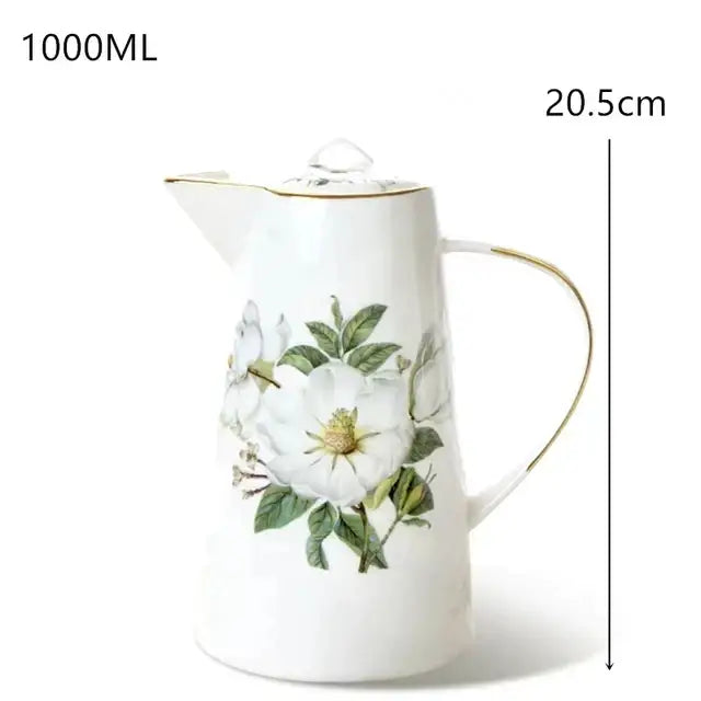 White ceramic pitcher with gold trim and floral white roses design from decorbites bone china tea set decor