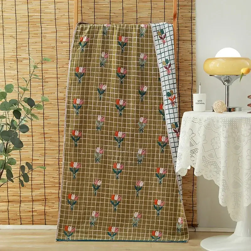 Olive green quilted cooling pad with embroidered pink red tulips for floral orange and pink cotton gauze adult bath towels decorbites cotton gauze
